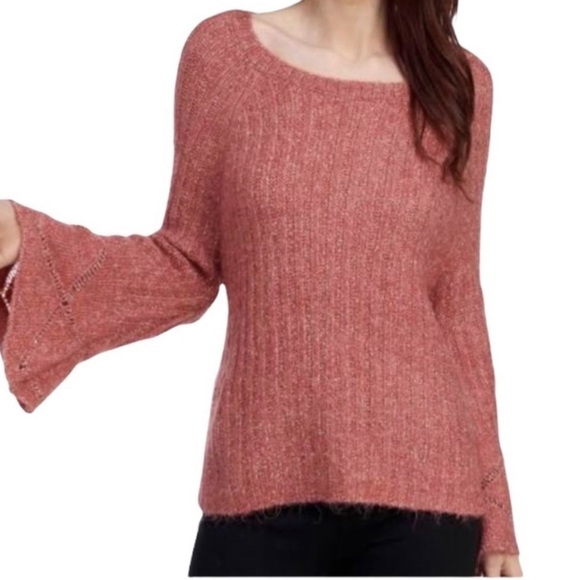 Flick Slub Ribbed Fuzzy Soft Bell Sleeve Coral Sweater M NEW - Picture 2 of 14